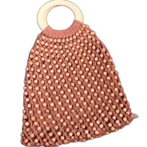 C&C CALIFORNIA MAUVE PINK BOHO MACRAME HANDBAG BEADED WOODEN  HANDLES - Picture 1 of 8